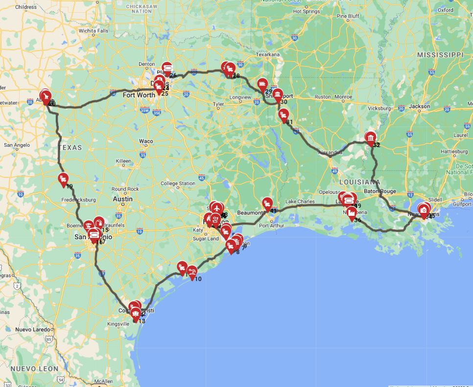 Map for Houston Roundtrip - Texas and Louisiana